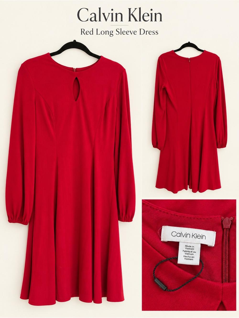 Calvin Klein Red Long-Sleeve Keyhole Swing Dress